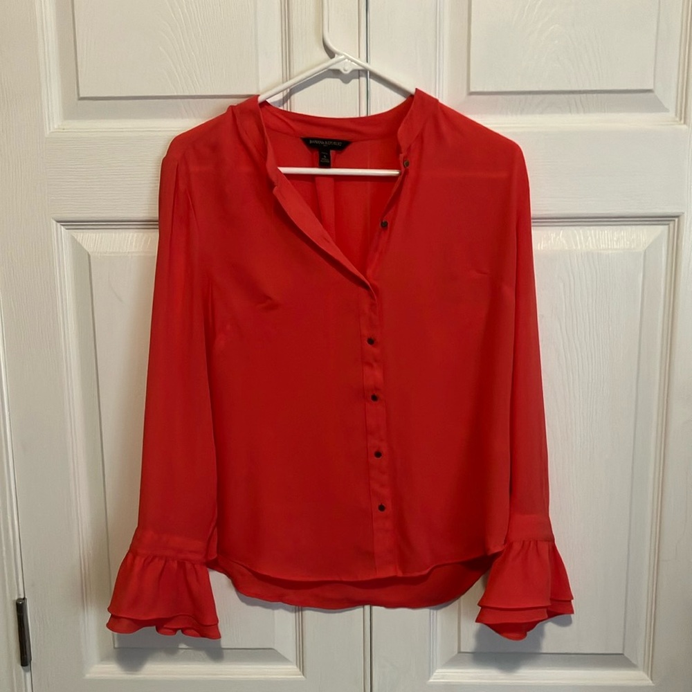 Banana Republic Red Button-Up Blouse with Ruffled Sleeves